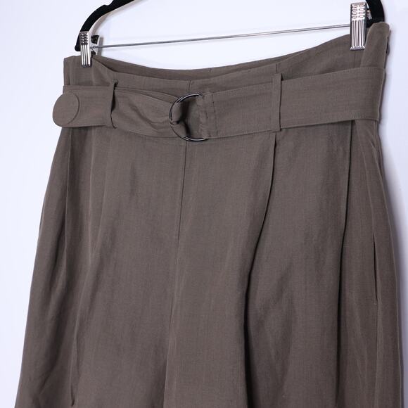 AKRIS PUNTO Fiorella Belted Pants Dark Olive Cropped Wide-Leg Linen Women's 16 - Picture 4 of 10